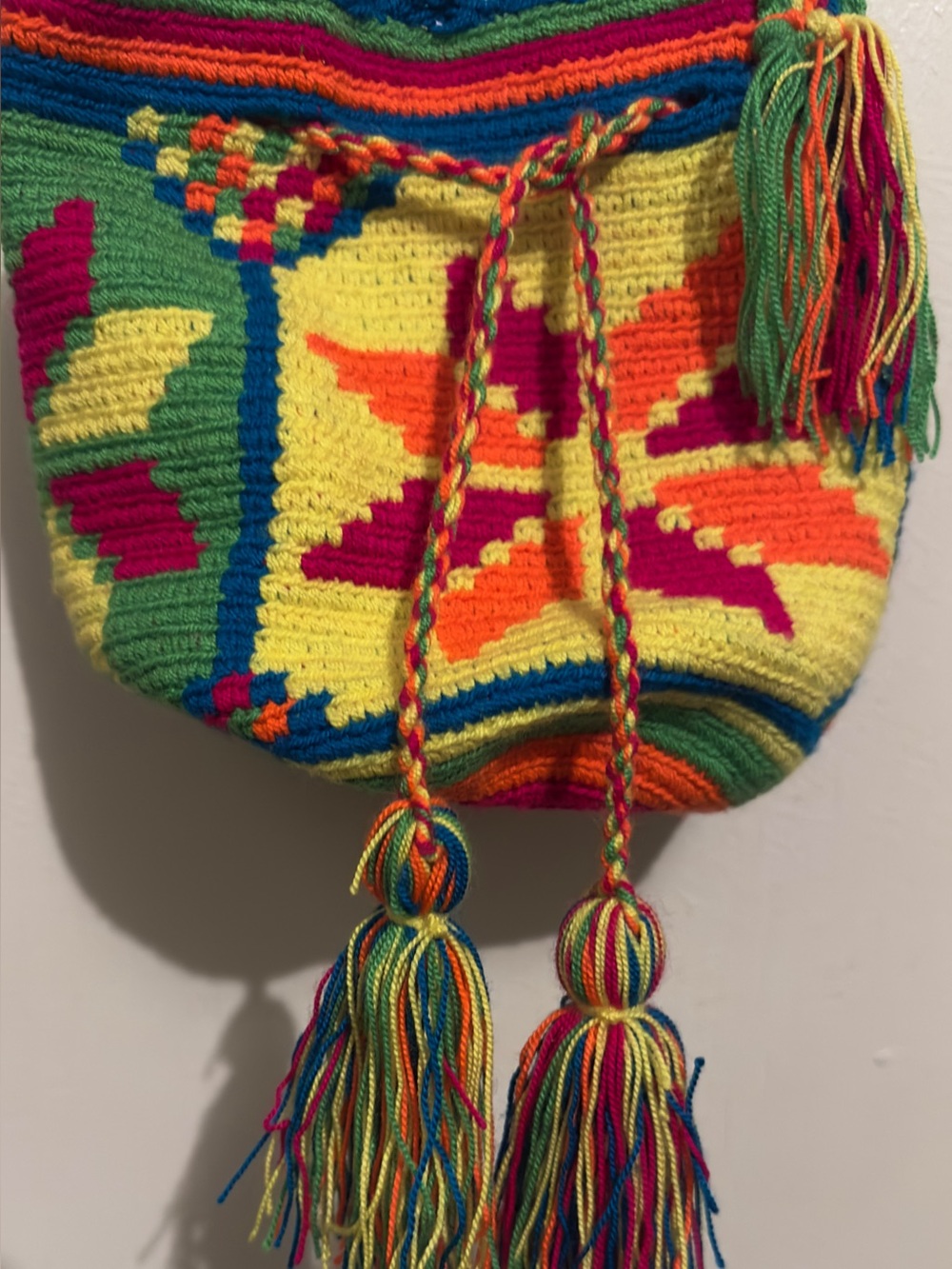 Vintage Handwoven Multicolor Tassel Shoulder Bag - Bright Yellow Accent.